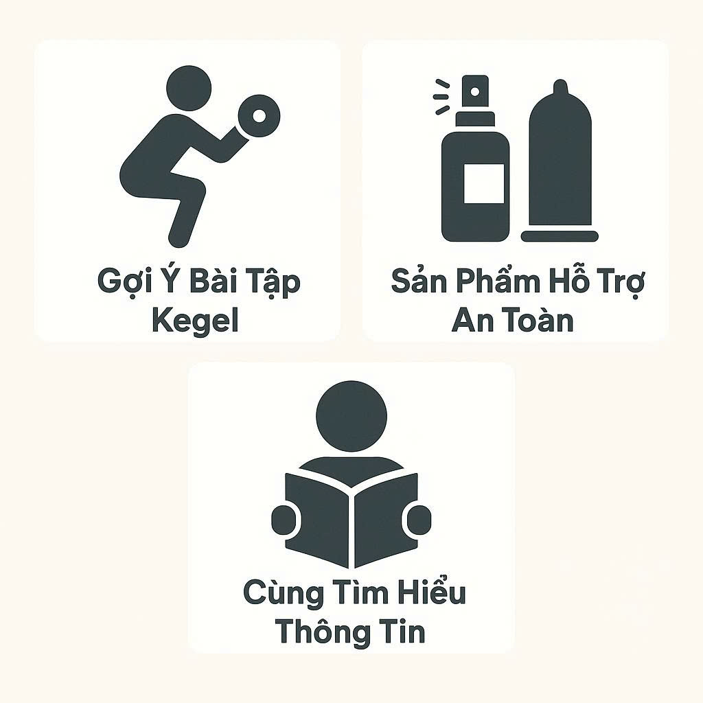 Infographic các biện pháp hỗ trợ mà người vợ có thể gợi ý cho chồng khi anh ấy bị xuất tinh sớm, bao gồm bài tập và sản phẩm.